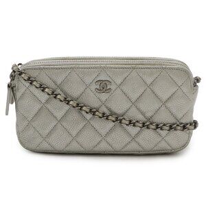 CHANEL Silver Caviar Leather Clutch Bag